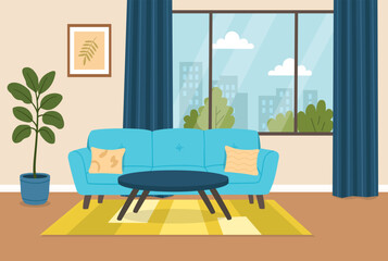 Cozy modern living room interior with blue sofa, stylish coffee table, indoor plant, big window, and city view. Perfect for home decor, design, lifestyle concepts.