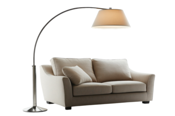 Elegant curved floor lamp illuminates a plush beige sofa creating a serene living room ambiance with
