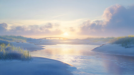 Serene coastal sunrise casting a luminous glow across the landscape and calm waters