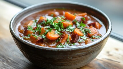 Hearty vegetable stew in a bowl by a window