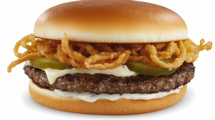 Gourmet burger featuring crispy fried onion rings and savory condiments on a white background