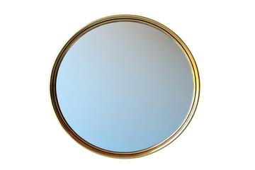 Elegant round mirror with gold frame reflecting soft light and a subtle blue gradient