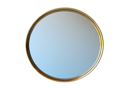 Elegant round mirror with gold frame reflecting soft light and a subtle blue gradient