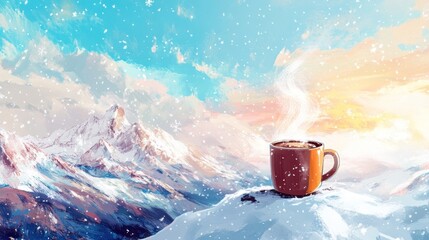 Snowy mountaintop, steaming coffee, serene winter sunrise, panoramic view