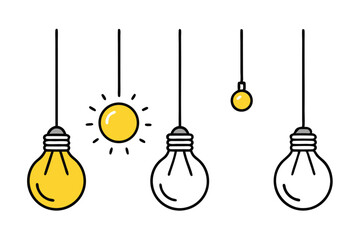 Naklejka premium Hanging Light Bulbs One Yellow, Circular Lamp, Minimalist Line Art Style Design