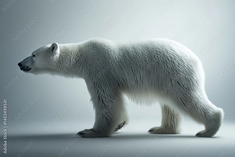 Poster polar bear walks slowly in a serene environment illuminated by cold light on its smooth white fur