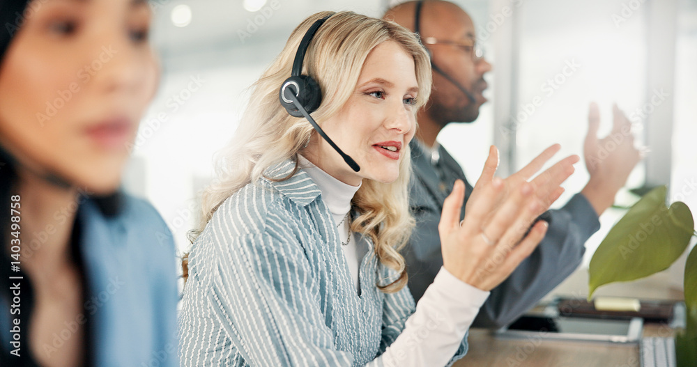 Poster advice, communication and contact us with woman in call center for assistance or consulting. busines