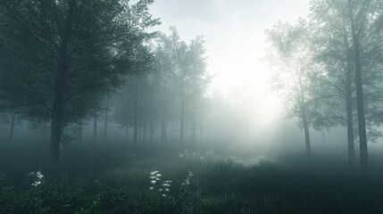 Fototapeta premium A misty forest scene with tall trees and bright sunlight