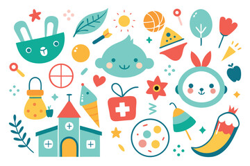 Playful Cartoon Kids Icons Featuring Bunny, Baby, Sun, Leaf, and Whimsical Elements