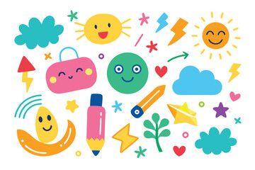 Playful Cartoonish Icons and Shapes Collection on Transparent Background