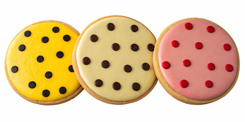 Fototapeta premium A close-up view of three vibrant cookies displayed in a row, each featuring unique and colorful designs.