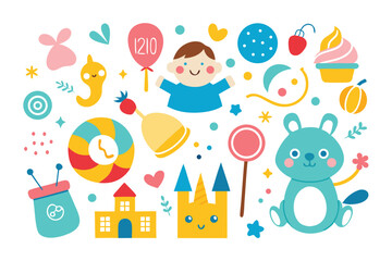 Obraz premium Playful Flat with Cute Cartoon Toys and Child on White