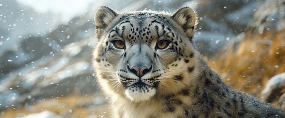 Obraz premium Snow leopard portrait, snowy mountains, wildlife