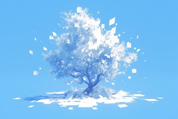 A low-poly white tree fragments against a soft, calm, baby blue sky