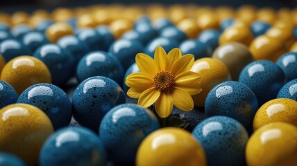 Harmony of Blue and Yellow Spheres with Central Floral Accent Composition