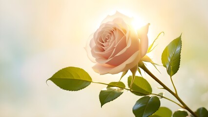 Obraz premium A delicate, velvety rose basks in the warmth of a gentle, golden sunbeam, its petals softly unfurling to reveal a tender, creamy interior, surrounded by lush, vibrant green leaves and slender, curved 