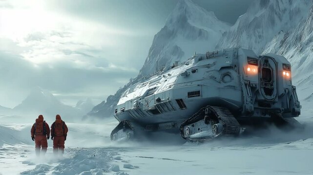 Explorers Encounter a Mysterious Vehicle in a Frosty and Enigmatic Landscape Awaiting to be Uncovered