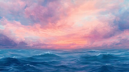 Obraz premium Pink and Blue Sunset over a Dark Blue Ocean with Small Waves