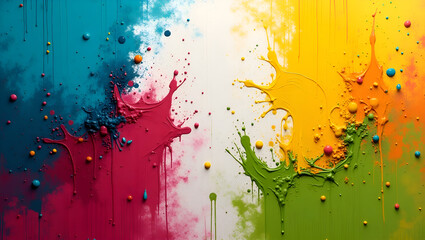 Fototapeta premium A vibrant abstract painting with turquoise, magenta, yellow, and lime green splashes and drips. The dynamic, fluid design features textured layers, creating energy and movement, perfect for modern dec