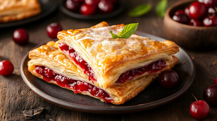 Delicious cherry turnovers stacked on a plate, adorned with fresh mint leaf