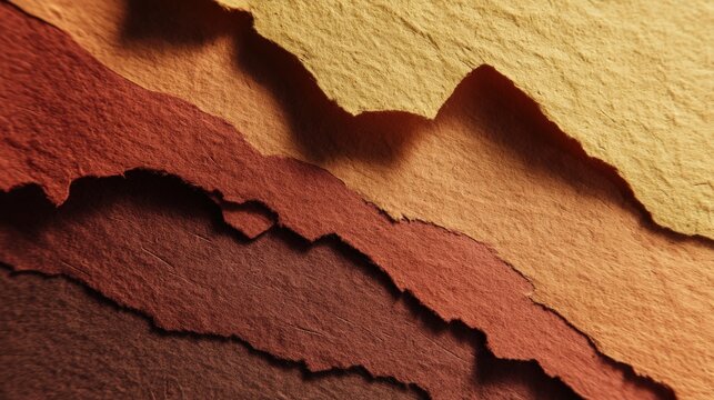 Layered paper cut art with torn edges in warm ochre and burnt sienna tones, featuring handmade craft texture with dramatic shadows. Perfect mockup for book covers, branding materials.