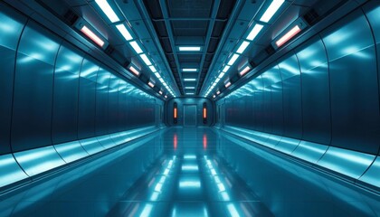 Fototapeta premium Long, empty sci-fi corridor, metallic walls, dim lighting, generated, grey