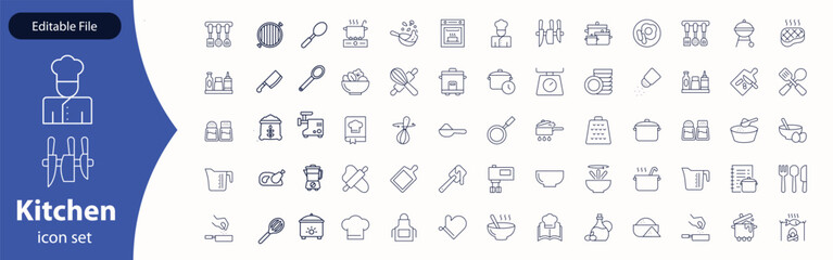 Kitchen Utensil icon set. Editable Stroke Icon Collection. Includes chopping board, cooking pots, frying pan, grater, kitchen scale, and More. Outline icons vector collection.