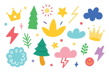 Fototapeta premium Whimsical Colorful Illustrations with Crowns, Trees, Clouds, Stars on White Background