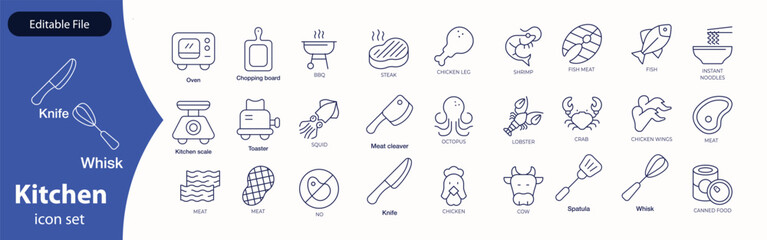 Kitchen Utensil icon set. Editable Stroke Icon Collection. Includes chopping board, cooking pots, frying pan, grater, kitchen scale, and More. Outline icons vector collection.