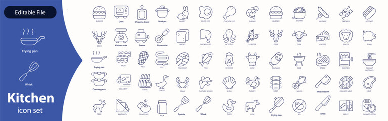 Kitchen Utensil icon set. Editable Stroke Icon Collection. Includes chopping board, cooking pots, frying pan, grater, kitchen scale, and More. Outline icons vector collection.