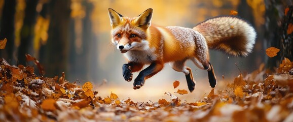 Red fox leaping through autumn leaves in forest