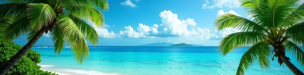 Fototapeta premium Lush green palm trees against a vibrant ocean backdrop, relaxation, vacation, tropical