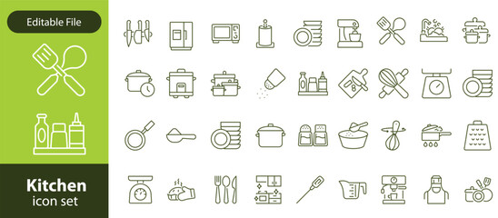 Kitchen Utensil icon set. Editable Stroke Icon Collection. Includes chopping board, cooking pots, frying pan, grater, kitchen scale, and More. Outline icons vector collection.