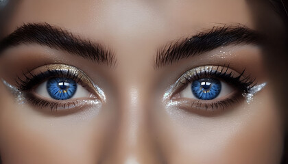 Obraz premium primo piano dello sguardo dai brillanti e luminosi occhi azzurri di una giovane donna, Close-up of the bright blue eyes gaze of a young woman