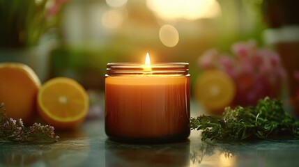Obraz premium Lit candle with oranges & herbs, sunset background, home relaxation