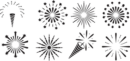 Obraz premium Fireworks and celebration burst icons vector spark explosion symbols, festive starburst, party popper silhouette elements for events and holidays