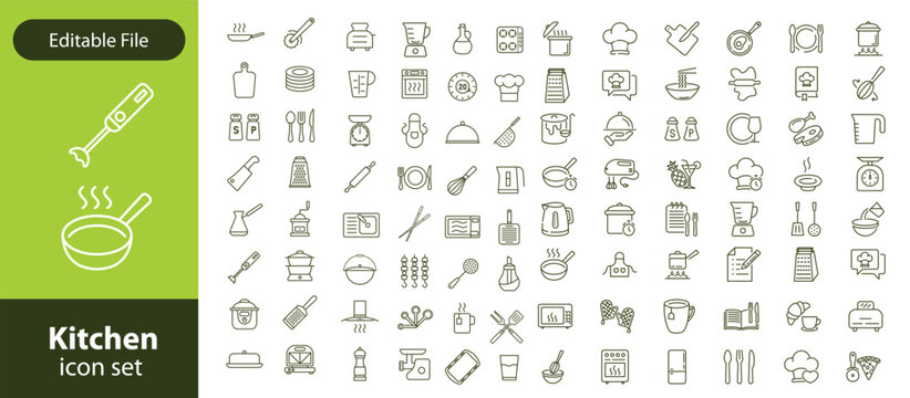 Kitchen Utensil icon set. Editable Stroke Icon Collection. Includes chopping board, cooking pots, frying pan, grater, kitchen scale, and More. Outline icons vector collection.