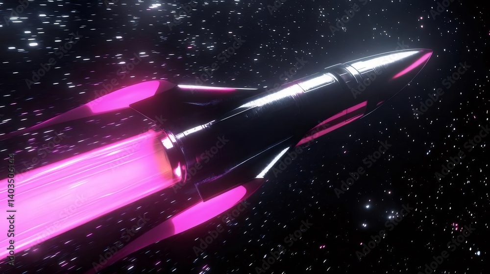 Poster スタイリッシュな宇宙船が輝くピンク色の光線を放ちながら暗い宇宙空間を飛行