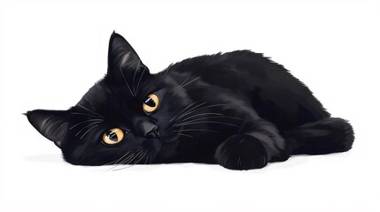 白背景に横たわる黒猫のポートレート 愛らしい毛皮のある若い動物のクローズアップ