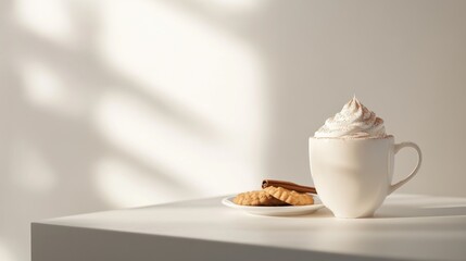 Creamy coffee drink, cookies, and cinnamon stick on white table, sunlit shadows