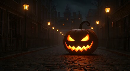 AI Generated - Halloween pumpkin in the middle of the city, happy halloween