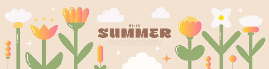 Cute summer illustration with colorful gradient flowers, green leaves, clouds, and text on a beige background. Modern trendy design. Perfect for seasonal designs, banner or greeting cards. © Liliya