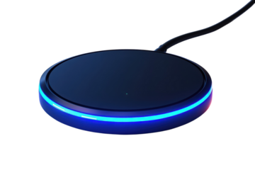 Sleek wireless charging pad with vibrant blue light modern design dark background tech accessory