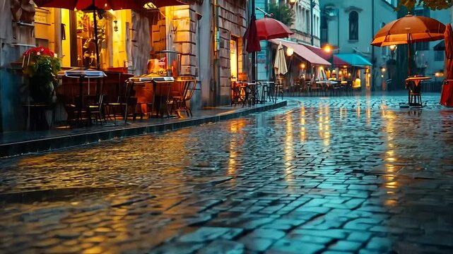 Rainy cobblestone street with cafe lights reflecting on wet pavement