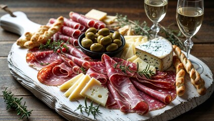 A visually appealing charcuterie board displays assorted meats, cheeses, olives, and breadsticks with white wine.