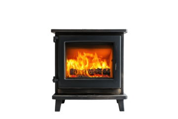 Cozy wood burning stove with vibrant flames warm inviting glow dark background perfect for winter