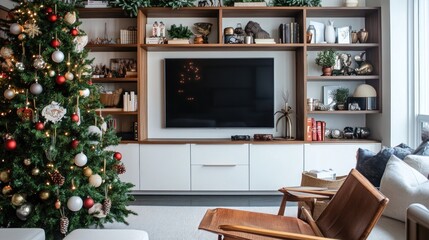 Christmas tree in modern living room with entertainment center
