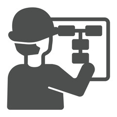 Engineer with helmet and schedule paper solid icon, making road concept. Vector graphics. Man with plan, project sign on white background, glyph style icon for mobile or web design.