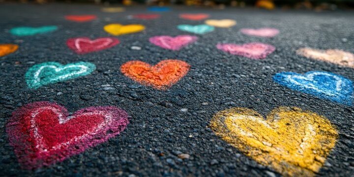 Colorful heart chalk drawings on a pavement express love and creativity in a sunny outdoor setting