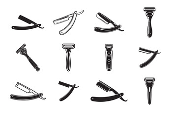 Shaving Razors and Barber Tools Vector Set – Straight Razors, Safety Razors, Electric Trimmers, and Grooming Icons

